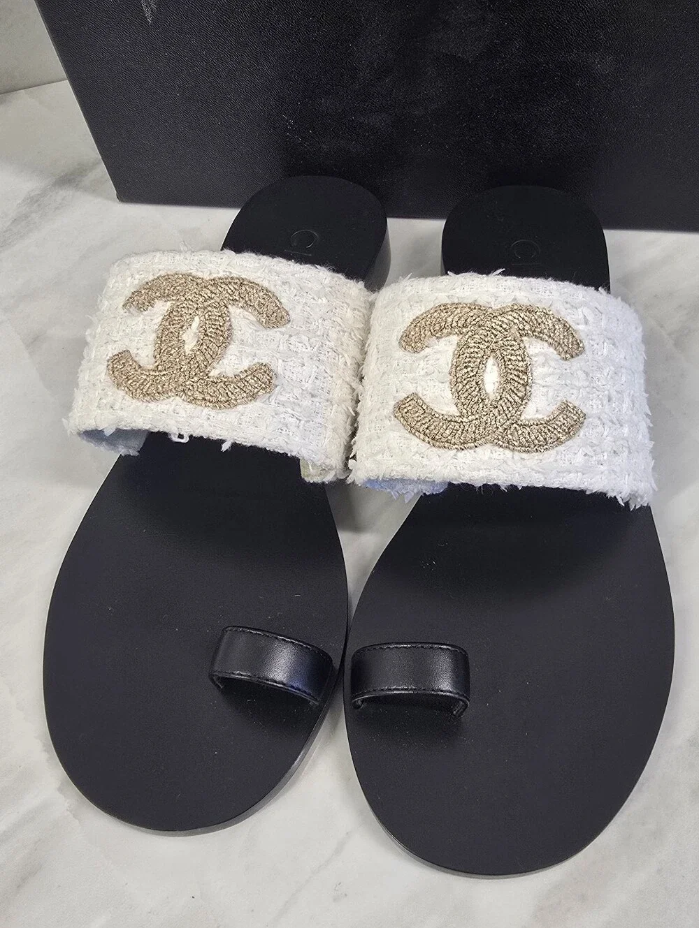 Chanel White Tweed & Gold Logo Slide Sandals